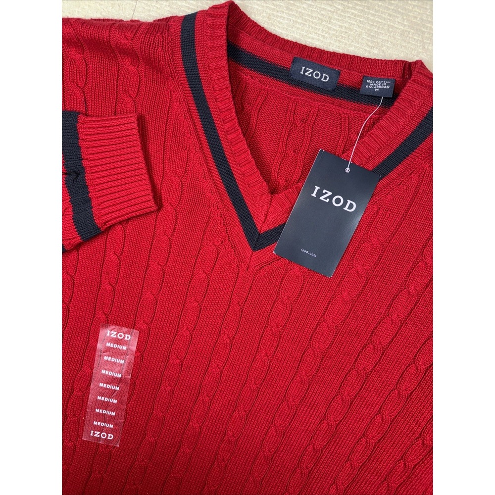 IZOD Sweater Mens Medium‎ Red Cable Knit V-Neck Striped Trim Cotton Pullover